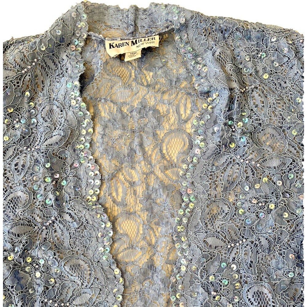 Karen Miller New York Misty Blue Lace Bead 3/4 Sleeve Blouse Top 14W Elegant